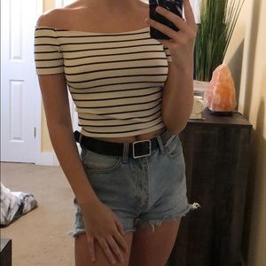 Striped navy and white off the shoulder top